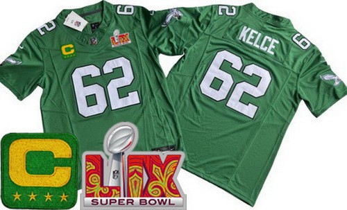 Men's Philadelphia Eagles #62 Jason Kelce Nike Limited Kelly Green C Patch Super Bowl LIX FUSE Vapor NFL Stitched Jersey