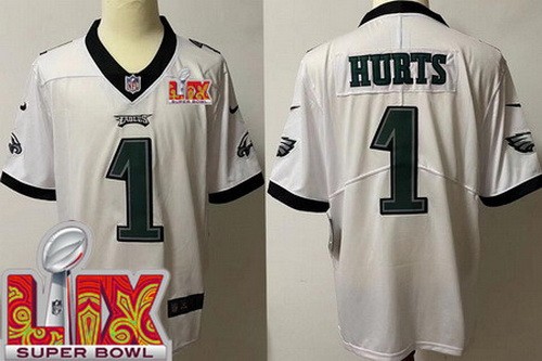 Men's Philadelphia Eagles #1 Jalen Hurts Nike Limited White Super Bowl LIX Vapor NFL Stitched Jersey