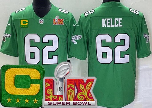Men's Philadelphia Eagles #62 Jason Kelce Nike Limited Kelly Green C Patch Super Bowl LIX Vapor NFL Stitched Jersey