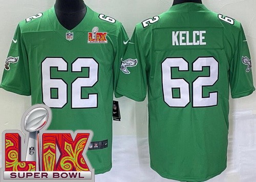 Men's Philadelphia Eagles #62 Jason Kelce Nike Limited Kelly Green Super Bowl LIX Vapor NFL Stitched Jersey