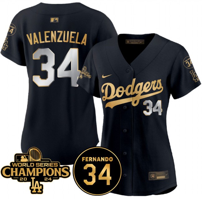 Youth Los Angeles Dodgers #34 Fernando Valenzuela Black/Gold 2024 World Series Champions & Fernando Memorial Patch Limited Stitched Baseball Jersey
