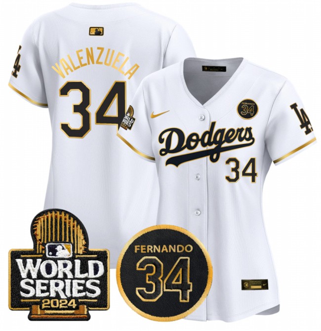 Women's Los Angeles Dodgers #34 Fernando Valenzuela White/Gold 2024 World Series & Fernando Memorial Patch Limited Stitched Baseball Jersey(Run Small)