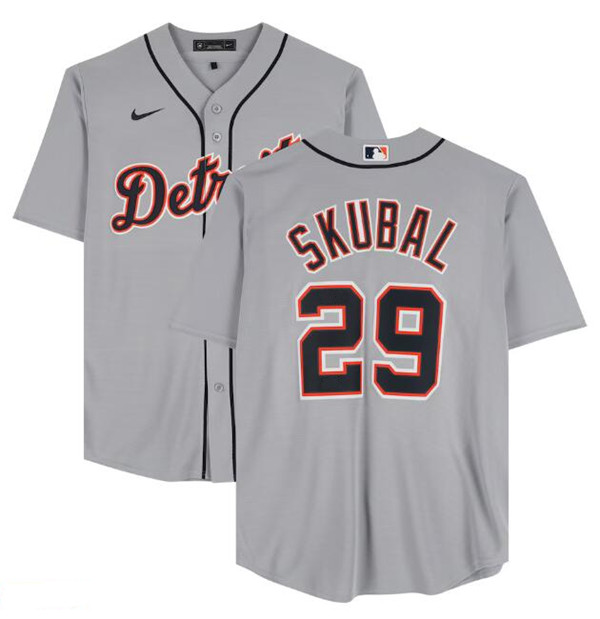 Men's Detroit Tigers #29 Tarik Skubal Grey Cool Base Stitched Baseball Jersey
