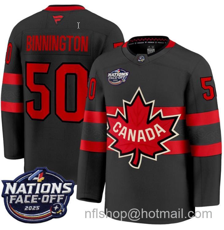 Men's Canada #50 Jordan Binnington 4 Black Nations Face-Off 2025 Stitched Jersey