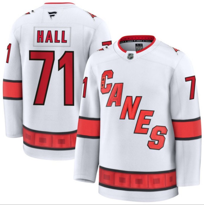 Men's Carolina Hurricanes #71 Taylor Hall White 2024-25 Away Stitched Hockey Jersey