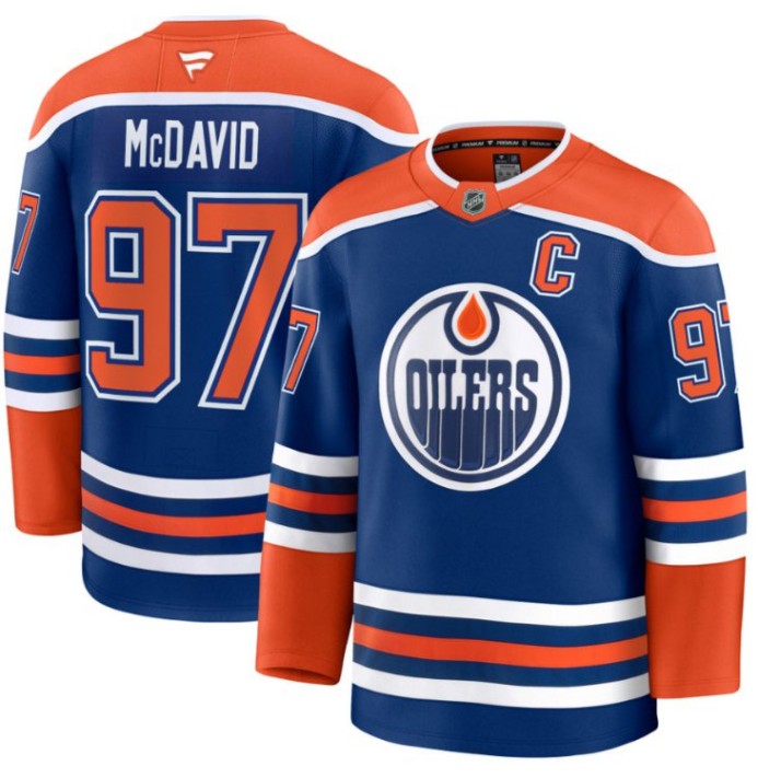 Men's Edmonton Oilers #97 Connor McDavid Royal 2025 Premium Home Stitched Hockey Jersey
