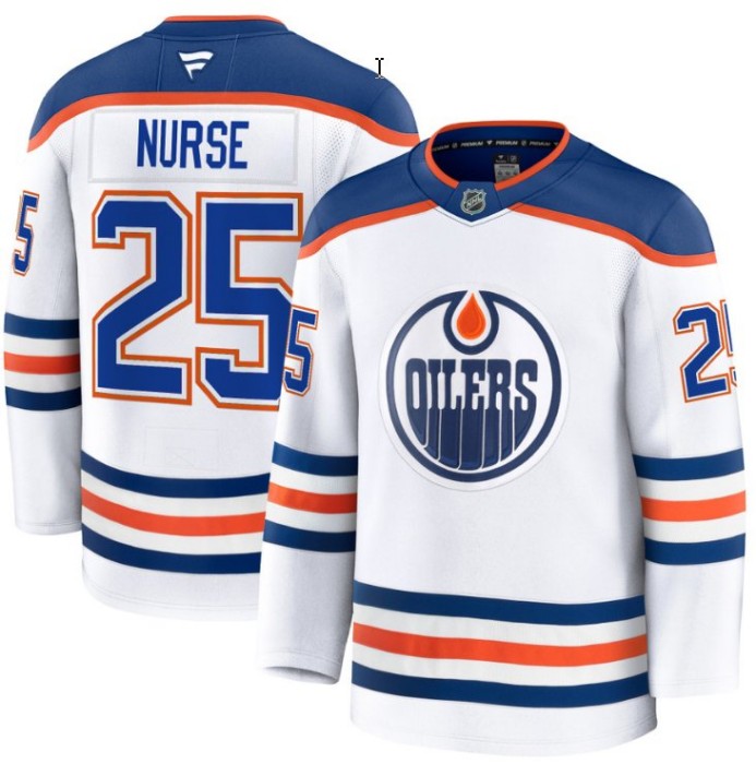 Men's Edmonton Oilers #25 Darnell Nurse White 2025 Premium Away Stitched Hockey Jersey