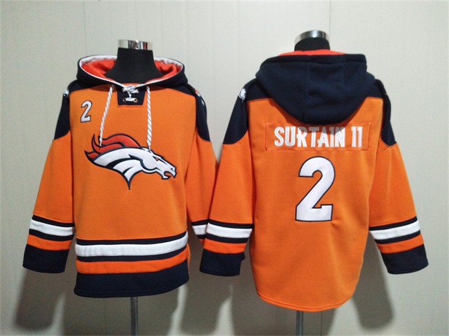 Men's Denver Broncos #2 Patrick Surtain II Orange/Navy Ageless Must-Have Lace-Up Pullover Hoodie