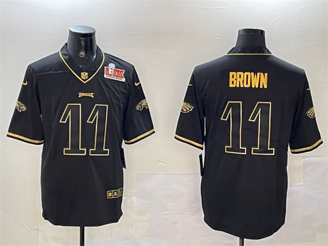 Men's Philadelphia Eagles #11 A. J. Brown Black_Gold 2025 Super Bowl LIX Patch Salute To Service Vapor Untouchable Limited Stitched Football Jersey