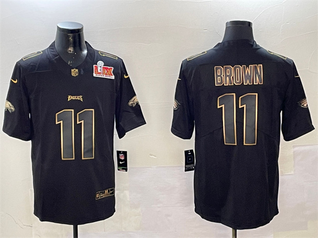 Men's Philadelphia Eagles #11 A. J. Brown Black_Gold 2025 Super Bowl LIX Patch Vapor Untouchable Limited Stitched Football Jersey