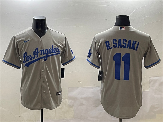 Men's Los Angeles Dodgers #11 Roki Sasaki Grey Cool Base Stitched Baseball Jerseys