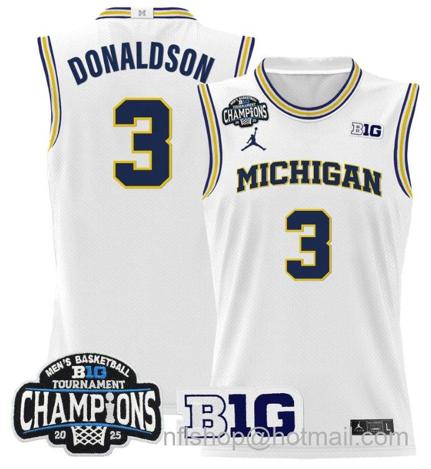Men's Michigan Wolverines Tre Donaldson #3 2025 Big Ten Champions White Stitched Jersey