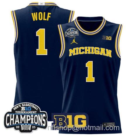 Men's Michigan Wolverines Danny Wolf #1 2025 Big Ten Champions Navy Stitched Jersey