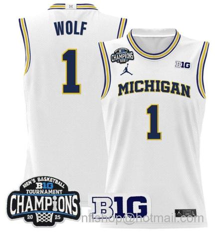 Men's Michigan Wolverines Danny Wolf #1 2025 Big Ten Champions White Stitched Jersey
