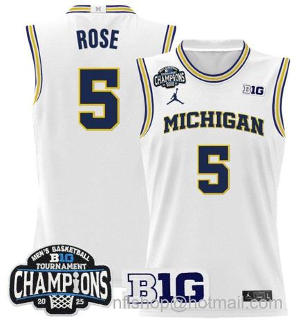 Men's Michigan Wolverines Jalen Rose #5 2025 Big Ten Champions White Stitched Jersey