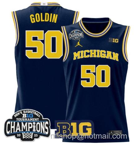Men's Michigan Wolverines Vladislav Goldin #50 2025 Big Ten Champions Navy Stitched Jersey