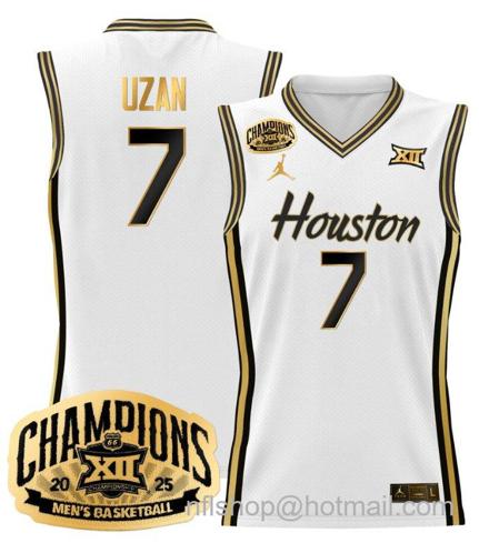 Men's Houston Cougar Milos Uzan #7 2025 Big 12 Champions White Gold Stitched Jersey