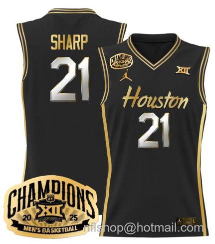 Men's Houston Cougar Emanuel Sharp #21 2025 Big 12 Champions Black Gold Stitched Jersey