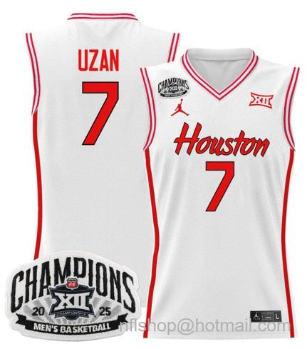 Men's Houston Cougar Milos Uzan #7 2025 Big 12 Champions White Stitched Jersey