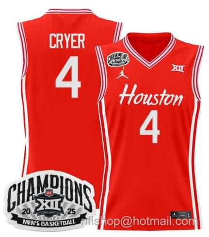 Men's Houston Cougar L.J. Cryer #4 2025 Big 12 Tournament Champions Red Stitched Jersey