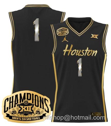 Men's Houston Cougar Team #1 2025 Big 12 Champions Black Gold Stitched Jersey