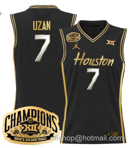 Men's Houston Cougar Milos Uzan #7 2025 Big 12 Champions Black Gold Stitched Jersey