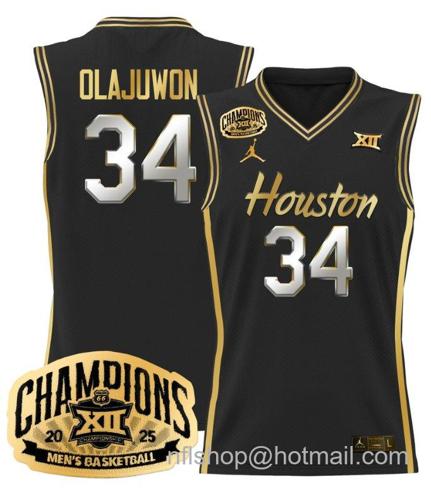 Men's Houston Cougar Hakeem Olajuwon #34 2025 Big 12 Champions Black Gold Stitched Jersey
