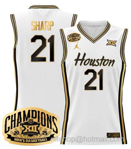 Men's Houston Cougar Emanuel Sharp #21 2025 Big 12 Champions White Gold Stitched Jersey