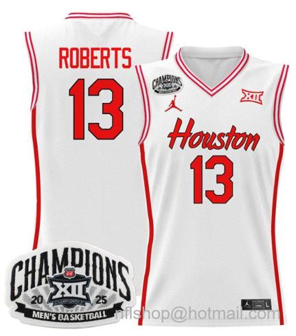 Men's Houston Cougar J'Wan Roberts #13 2025 Big 12 Champions White Stitched Jersey