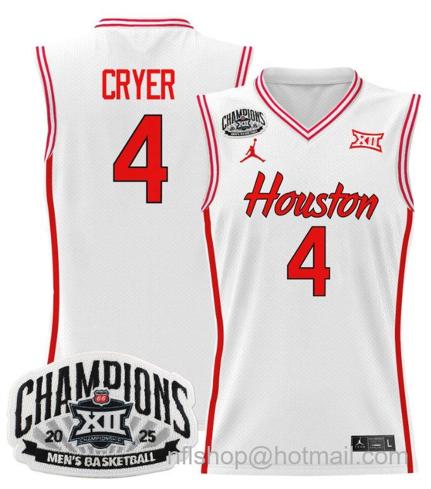 Men's Houston Cougar L.J. Cryer #4 2025 Big 12 Tournament Champions White Stitched Jersey