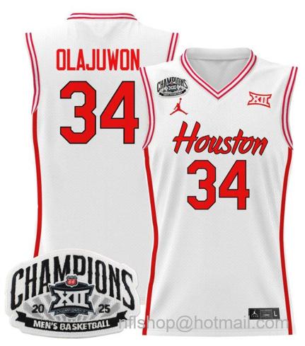 Men's Houston Cougar Hakeem Olajuwon #34 2025 Big 12 Champions White Stitched Jersey