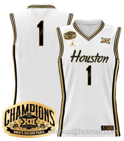 Men's Houston Cougar Team #1 2025 Big 12 Champions White Gold Stitched Jersey