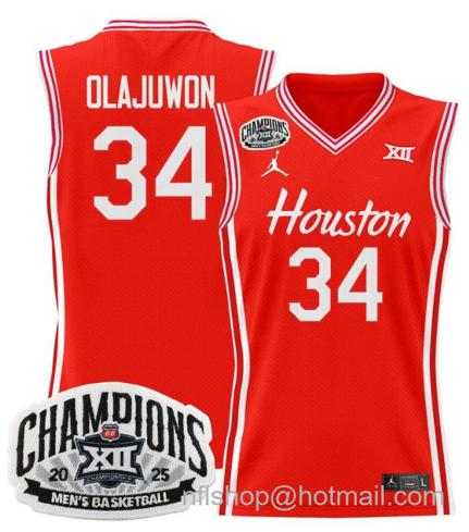 Men's Houston Cougar Hakeem Olajuwon #34 2025 Big 12 Champions Red Stitched Jersey