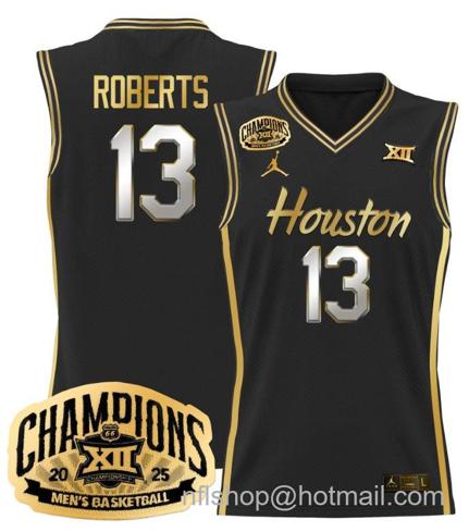 Men's Houston Cougar J'Wan Roberts #13 2025 Big 12 Champions Black Gold Stitched Jersey