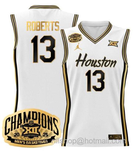 Men's Houston Cougar J'Wan Roberts #13 2025 Big 12 Champions White Gold Stitched Jersey
