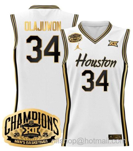 Men's Houston Cougar Hakeem Olajuwon #34 2025 Big 12 Champions White Gold Stitched Jersey