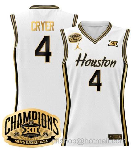 Men's Houston Cougar L.J. Cryer #4 2025 Big 12 Champions White Gold Stitched Jersey