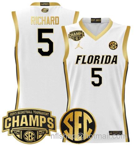 Men's Florida Gators Will Richard #5 2025 SEC Champions Stitched White Gold Jersey