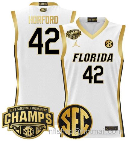 Men's Florida Gators Al Horford #42 2025 SEC Champions Stitched White Gold Jersey