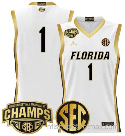 Men's Florida Gators Team #1 2025 SEC Champions Stitched White Gold Jersey