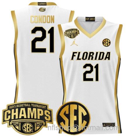 Men's Florida Gators Alex Condon #21 2025 SEC Champions Stitched White Gold Jersey