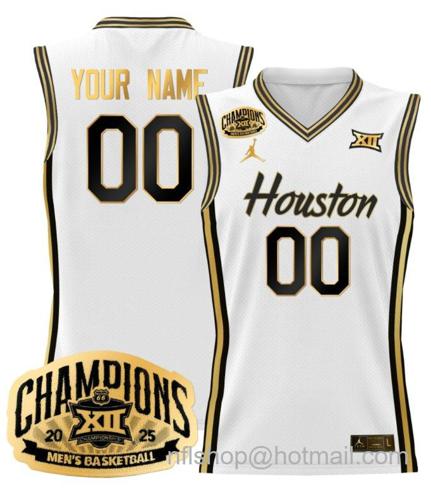 Men's Houston Cougar Custom 2025 Big 12 Tournament Champions White Gold Stitched Jersey