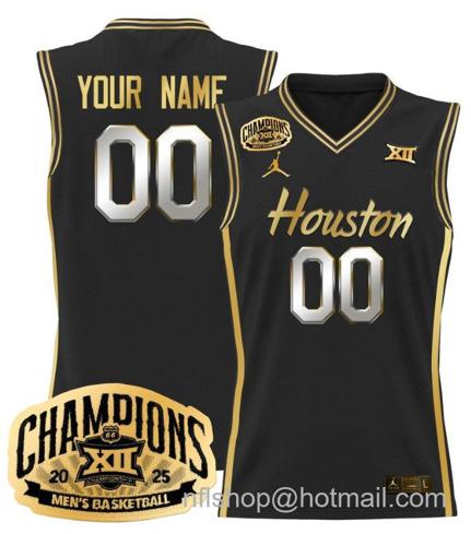 Men's Houston Cougar Custom 2025 Big 12 Tournament Champions Black Gold Stitched Jersey