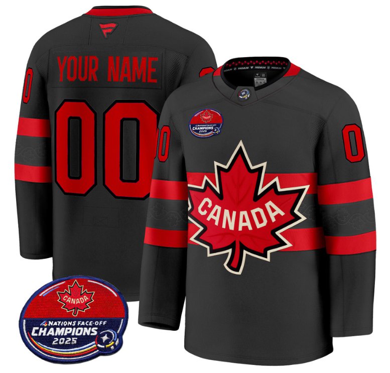 Men's Canada Custom Black 4 Nations Face-Off 2025 Champions V2 Stitched Hockey Jersey