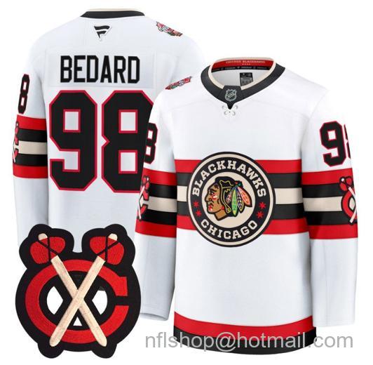 Men's Chicago Blackhawks Connor Bedard #98 Winter Classic Patch White Stitched Jersey