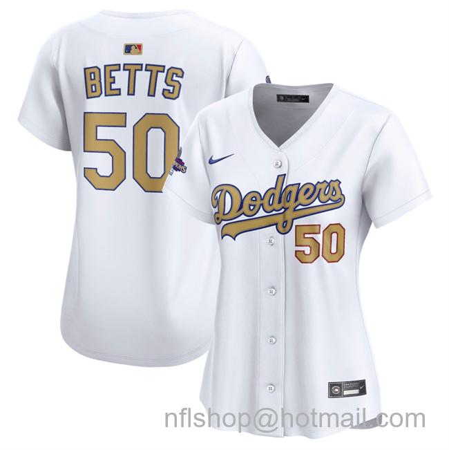 Women's Los Angeles Dodgers #50 Mookie Betts White 2025 Gold Collection Limited Stitched Baseball Jersey(Run Small)