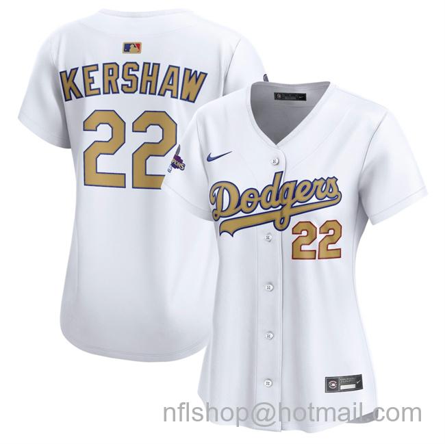 Women's Los Angeles Dodgers #22 Clayton Kershaw White 2025 Gold Collection Limited Stitched Baseball Jersey(Run Small)