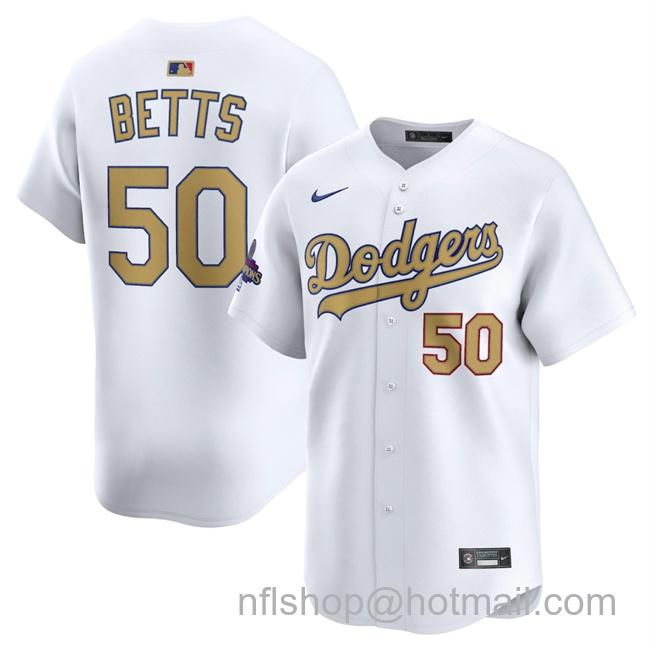 Youth Los Angeles Dodgers #50 Mookie Betts White 2025 Gold Collection Limited Stitched Baseball Jersey