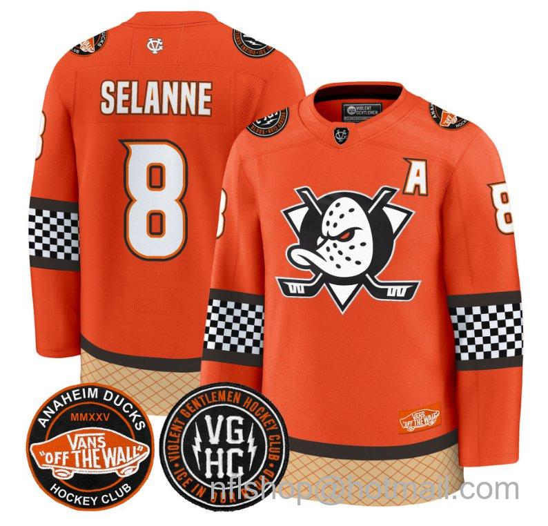Men's Anaheim Ducks Teemu Selanne #8 Checkerboard 2025 Premium Stitched Orange Jersey