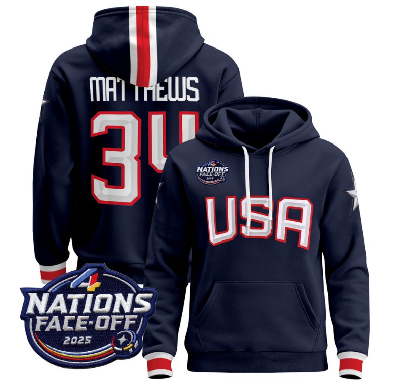 Men's Auston Matthews Hoodie #34 USA 4 Nations Face-Off 2025 Pullover Navy